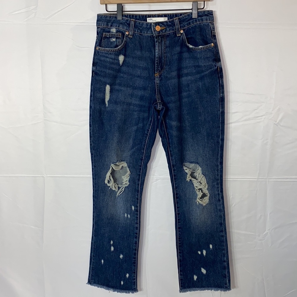 Zara Z1975 Denim Distressed Ripped Raw Hem Boyfriend Jeans Size 4 - Picture 2 of 13